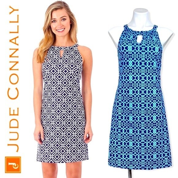 Jude Connally Lisa Blue Print Halter Dress S Coastal Sun Summer Beach Preppy - Picture 1 of 10